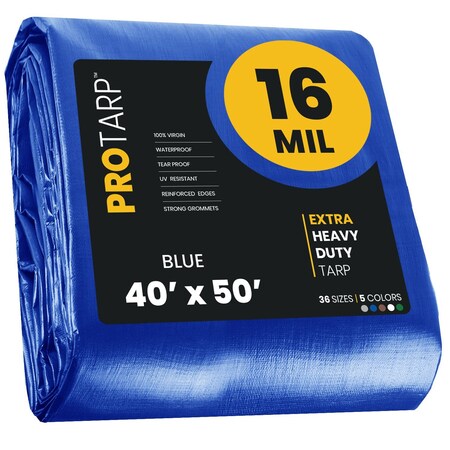 Protarp Heavy Duty Tarp, 40 ft x 50 ft, 16 Mil, Blue, Polyethylene, Waterproof, Rip and Tear Proof PT-105-40X50
